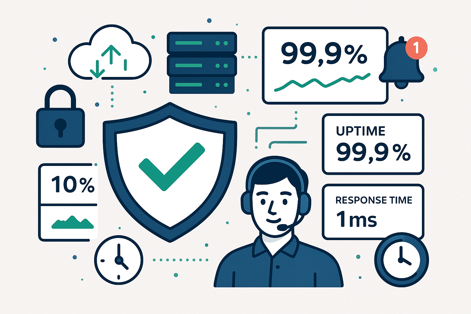 Illustration maintenance et support technique — sécurité, uptime, réactivité