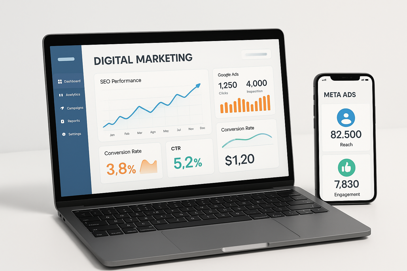 Mockup marketing digital — dashboard SEO, Google Ads, Meta Ads